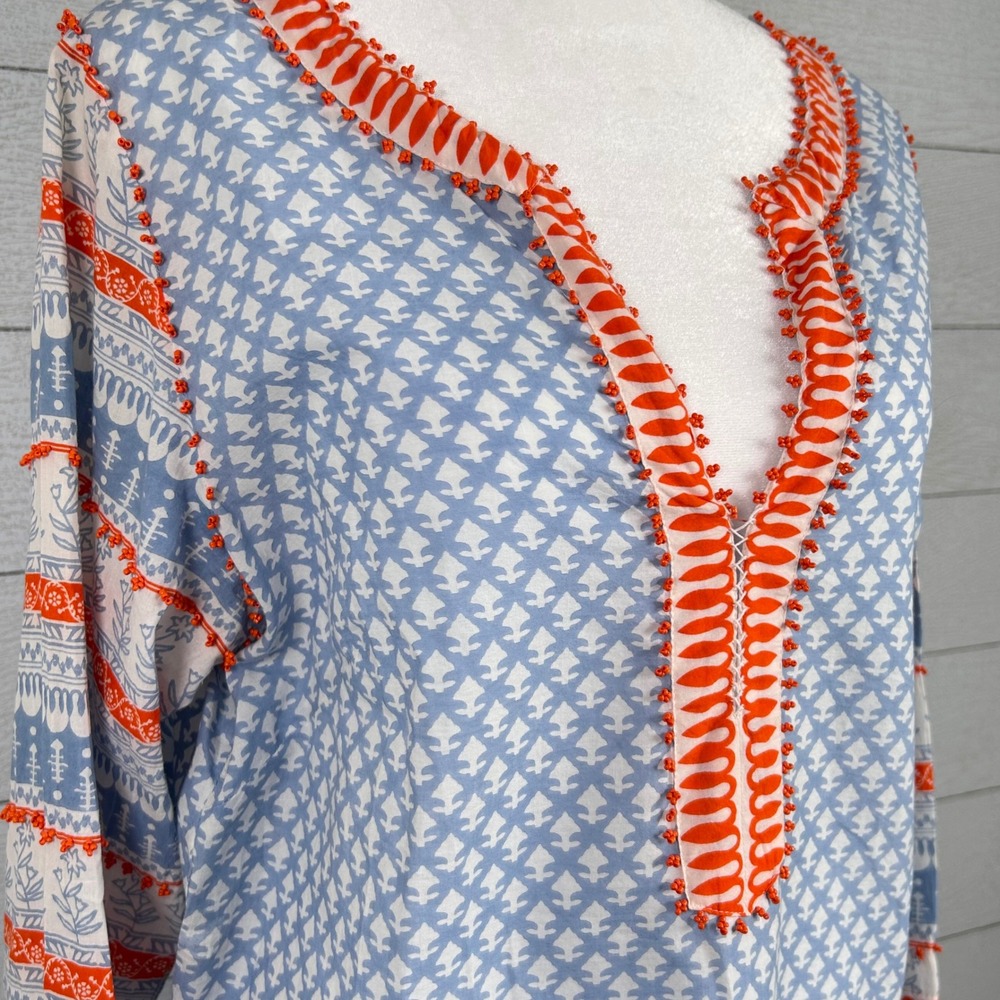 Gretchen Scott Blue Orange Cotton‎ Embroidered Tunic Top Large Preppy Coastal